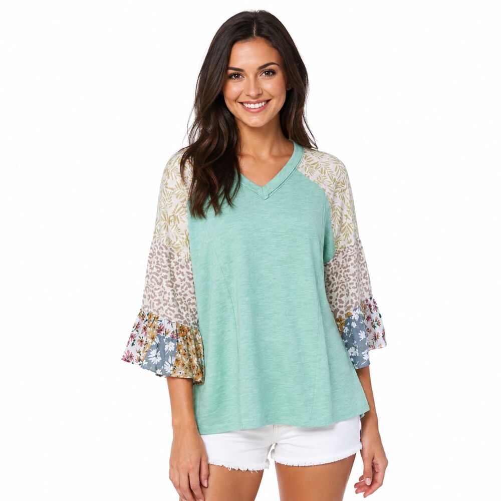 New Gigio S 4 6 8 Mint Multicolor Print Mix Ruffle Sleeve Solid V-neck Boho Top